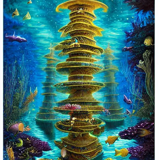 Prompt: highly detailed pleadian towers and worlds with mermaids swimming in the deep with blue hue oil painting