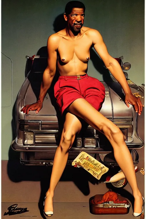 Image similar to skinny denzel washington by gil elvgren and norman rockwell and rob gonsalves and hajime sorayama, hyperrealistic, high detail, ultra detailed, highly detailed face, ruffled fabric