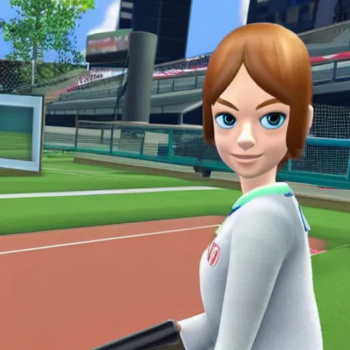 Image similar to screenshot of emma stone as a character in wii sport, mii channel, nintendo, rtx, best graphics