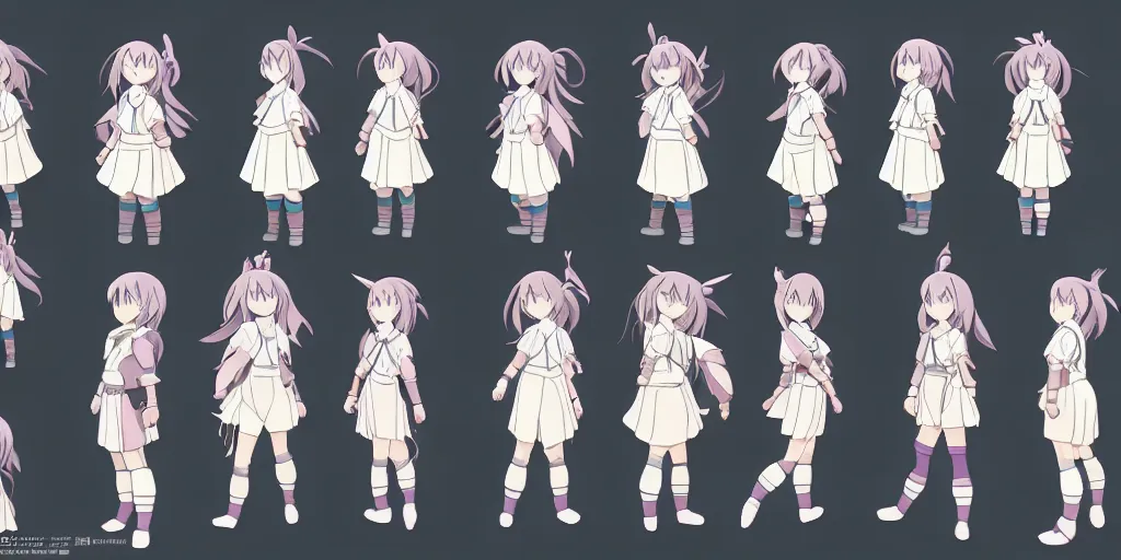 Image similar to a magical adventurer little girl character anime model sheet; in the magical studio ghibli anime; character outfit concepts; trending on artstation, highly detailed, clean lineart