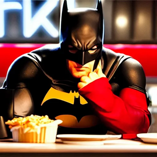 Image similar to A still of Batman eating at KFC, 4k, photograph, ultra realistic, highly detailed, studio lighting