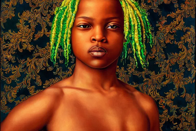 Prompt: a girl pirate with iridescent skin by kehinde wiley