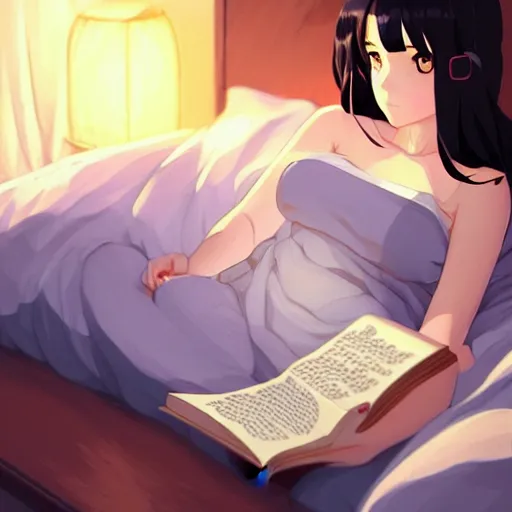 Prompt: a beautiful girl with long dark hair, lying in bed while reading a book, night time, sharp focus, intricate, digital painting, artstation, official media, anime key visual, highly detailed, rich vivid colors, ambient lighting, dynamic lighting, illustration, art by Artgerm, Makoto Shinkai, Ilya Kuvshinov, Lois Van Baarle, and Rossdraws