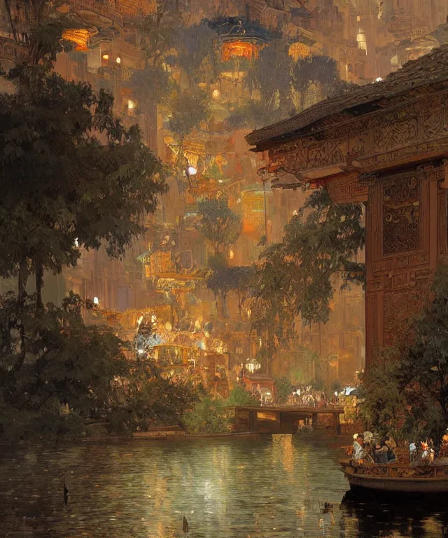 Image similar to a beautiful painting of the view from the river of the lantern festival in a an ancient egyptian city, at night with a sky full of stars, intricate, elegant, highly detailed, digital painting, artstation, concept art, by krenz cushart and artem demura and alphonse mucha