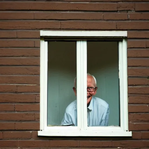 Prompt: an smiling old man peeking through a small window