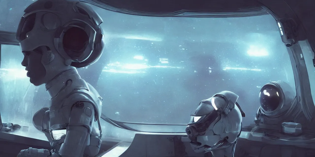 Image similar to Zoe Kravitz with short hair as a futuristic astronaut, outside large window of ship, helmet with HUD led lights, underwater in the ocean at night, dark water, volumetric lighting, glowing lights, 4k, octane, digital painting, artstation, concept art, sharp focus, illustration, cinematic film still, art by artgerm and greg rutkowski and alphonse mucha , wide angle view,