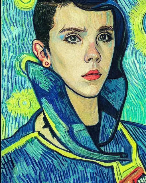 Prompt: portrait of cyberpunk millie bobby brown by vincent van gogh