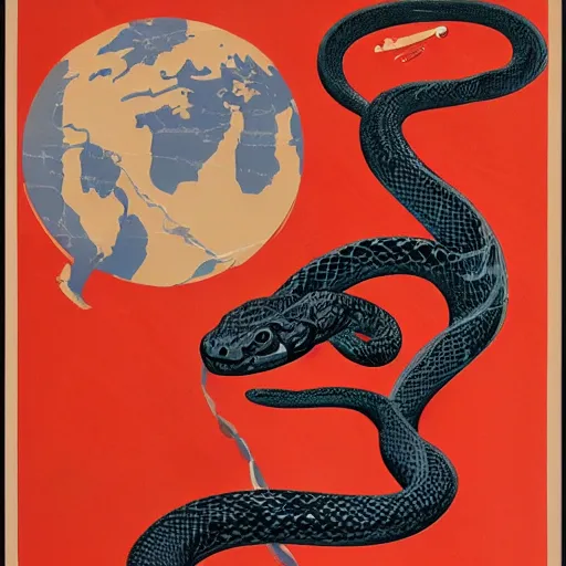 Image similar to soviet propaganda poster featuring a snake tangled on planet earth, view from space