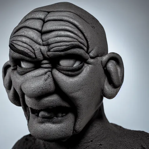 Prompt: a portrait of an angry man in the style of claymation, stop motion, with studio lighting with a 7 5 mm lens.