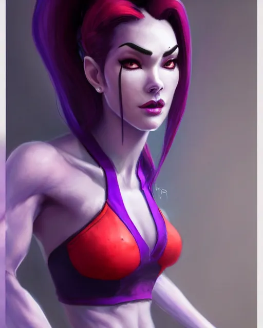 Image similar to widowmaker from overwatch with purple skin wearing red lace halter top, perfect face, dark blue hair, abs, cinematic, stunning, athletic, strong, agile, highly detailed, psychedelic, digital painting, artstation, smooth, hard focus, illustration, art by jessica rossier and and brian froud