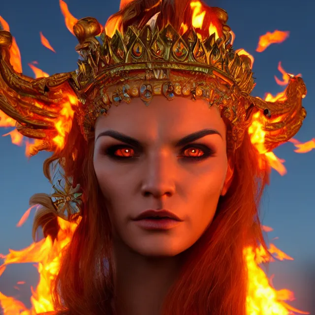 Image similar to perfectly centered close up portrait of goddess of fire, perfect human female specimen, candid photography, by anne stokes and todd mcfarlane, updo, highly detailed, unreal engine 5