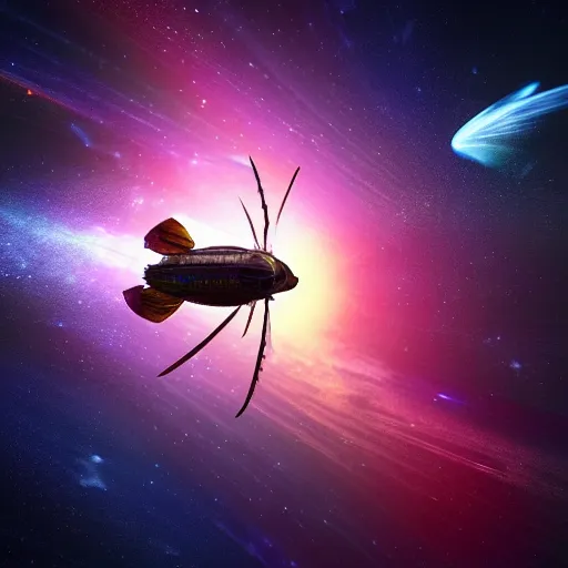 Image similar to A gandem fly in space, galaxy background, professional 3d render, studio quality, octane render