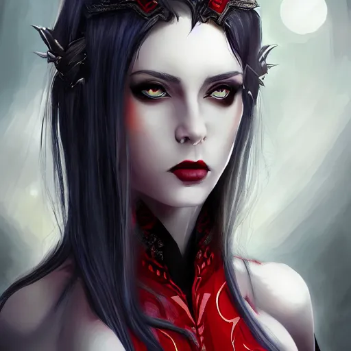 Image similar to Digital portrait of a beautiful half-elf half-vampire young woman. Half black half white hair. Red irises, vertical pupils. Award-winning digital art, trending on ArtStation