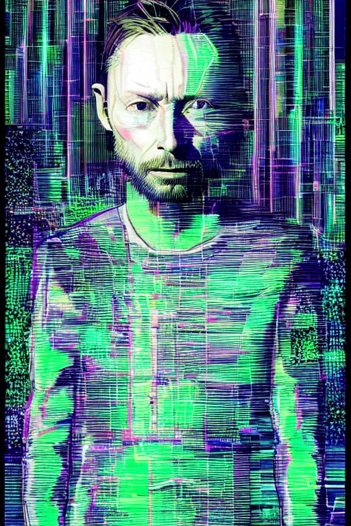 Prompt: A portrait of Thom Yorke as a cyberpunk, iridescent highlights, surrounded by digital cross hatching, highly detailed, intricate, soft, sci-fi, sharp focus, glowing lines, art by Moebius