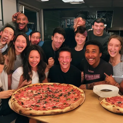 Prompt: Brooklin 99 cast eating power pizza