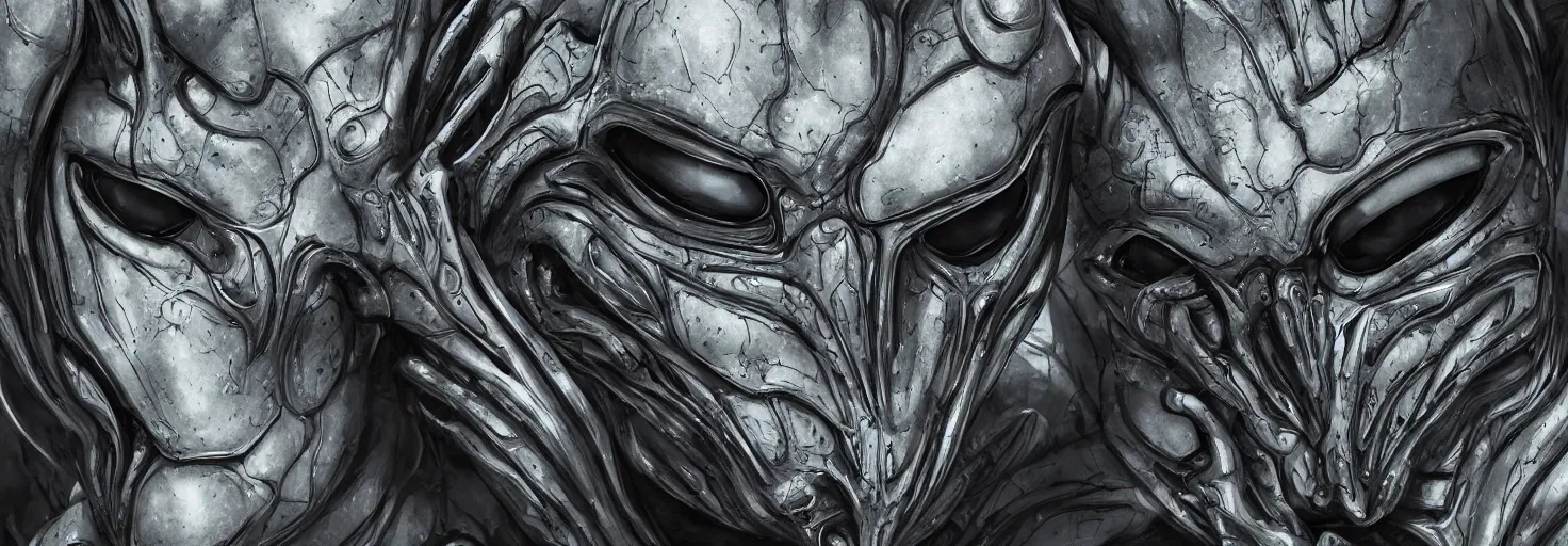 Image similar to engineer alien face by Artgerm, alien, highly detailed, symmetrical long head, smooth marble surfaces, detailed ink illustration, raiden metal gear, cinematic smooth stone, deep aesthetic, concept art, post process, 4k, carved marble texture and silk cloth, latex skin, highly ornate intricate details, moody lighting, hr geiger, hayao miyazaki, by Artgerm