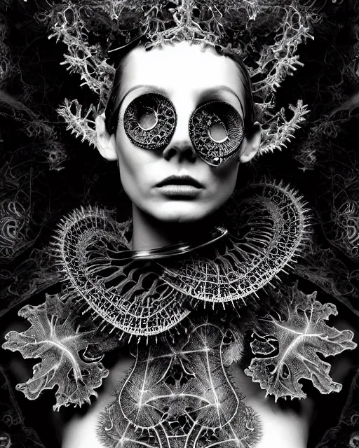 Image similar to surreal dark poetic black and white photo portrait of complex bio-mechanical beautiful young silver female vegetal-cyborg with a Mandelbrot fractal steampunk metal fine lace face, a very long neck and a fine metal floral foliage super big lace collar by Vivienne Westwood:: smoke, high fashion, haute couture, rococo, steampunk, avant-garde, silver filigree details, anatomical, facial muscles, cable wires, microchip, elegant, dreamy, foggy atmosphere, hyper realistic, 150 mm lens, soft rim light, octane render, unreal engine, picture was taken in 1910 by Man Ray, volumetric lighting, dramatic light,8k,