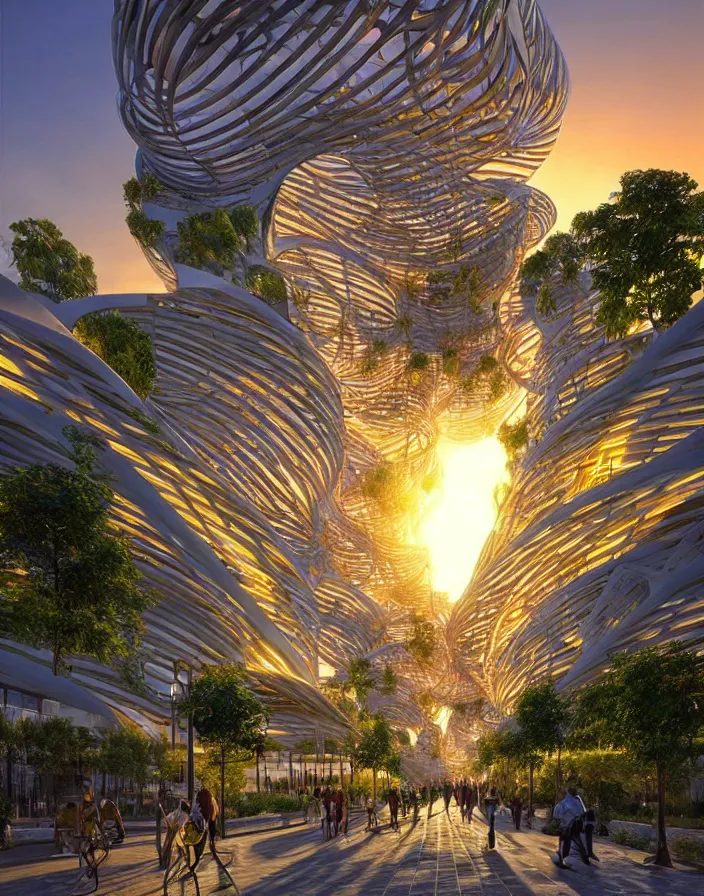 Prompt: vincent callebaut architectures, hyper realistic streetscapes stunning volumetric lighting sunset