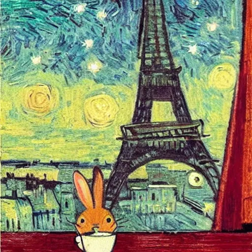 Prompt: a rabbit drinking milk in a paris cafe, eiffel tower visible in the background, in the style of van gogh