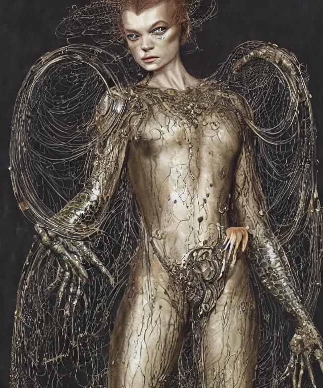 Prompt: a portrait photograph of a angry sadie sink as a strong alien harpy queen with amphibian skin. she is dressed in a black lace shiny metal slimy organic membrane catsuit and transforming into a insectoid snake bird. by donato giancola, walton ford, ernst haeckel, peter mohrbacher, hr giger. 8 k, cgsociety, fashion editorial