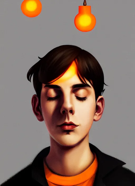 Image similar to portrait of teenage jughead jones wearing a light grey crown, crown, hamburger background, eyes closed, crown, black hair, orange, intricate, elegant, glowing lights, warm lighting, highly detailed, digital painting, artstation, concept art, smooth, sharp focus, illustration, art by wlop, mars ravelo and greg rutkowski