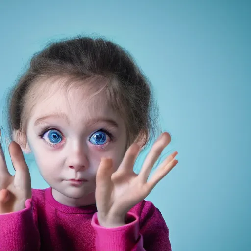 Prompt: a tiny little girl in a giant hand, with big blue eyes and an amazing face, real-life photo, detail, rendered in 8k