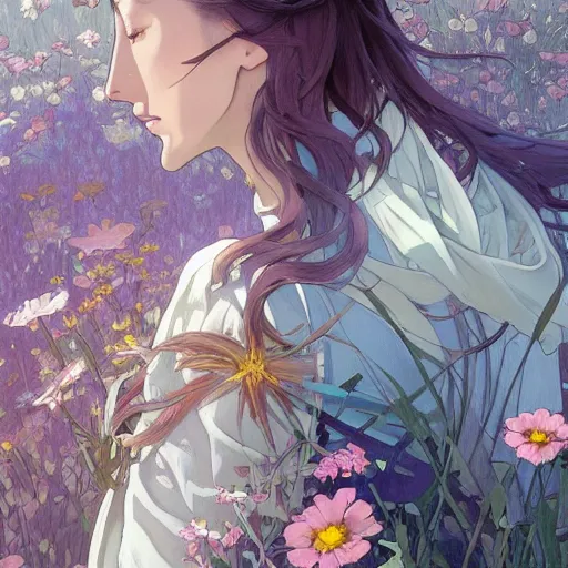 Image similar to looking up as flower petals flow gently as a breeze blows them from left to right on a cloudy day with blue skies, art by artgerm and greg rutkowski and magali villeneuve and alphonse mucha and rossdraws and makoto shinkai, d & d, fantasy, highly detailed, digital painting, trending on artstation, concept art, sharp focus, illustration