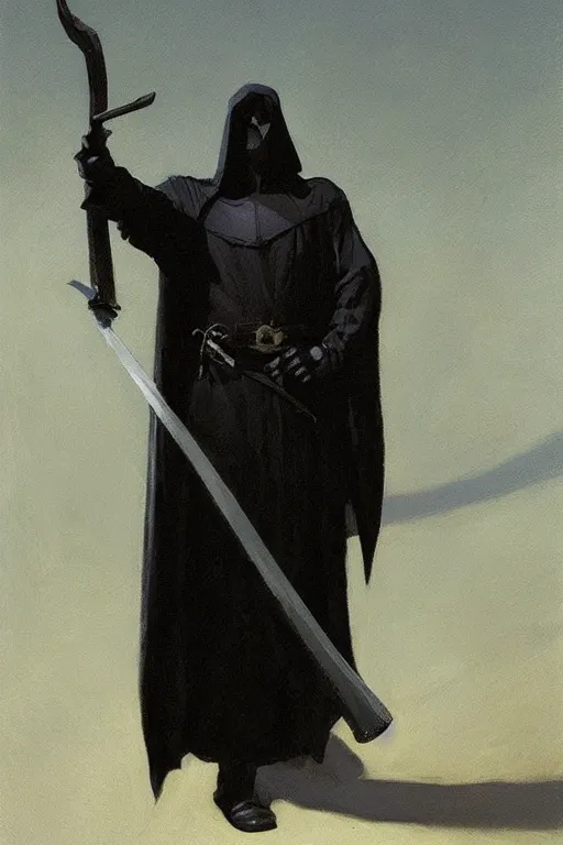 Image similar to a shady figure wearing a black robe and holding a sword vertically in front of its face, painting by brom