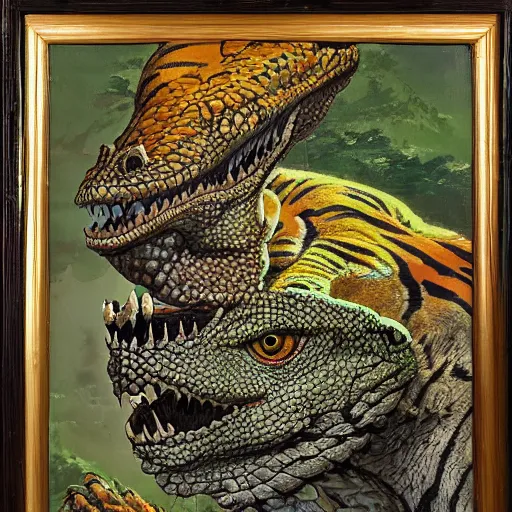 Prompt: suppose those damnable man - lizards always watch and guard it, a peter bollinger oil deranged oil painting, the hatching sphere birthed a tiger