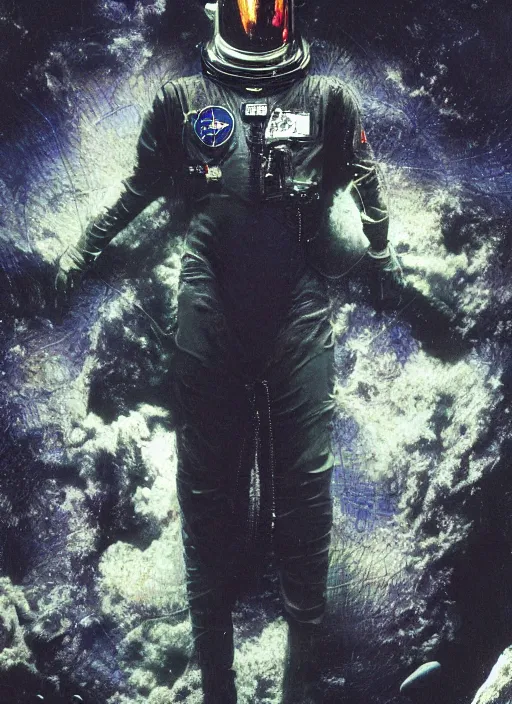 Image similar to astronaut in dark void underwater - complex and hyperdetailed technical suit design. reflection and dispersion materials. rays and dispersion of light. volumetric light. f / 3 2. noise film photo. flash photography. ultra realistic, 5 0 mm. poster by wayne barlowe, hajime sorayama aaron horkey, craig mullins