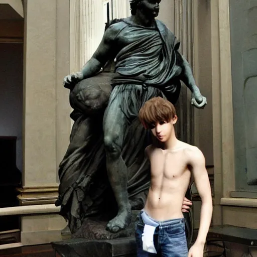 Prompt: anime boy with roman statue boyfriend, old photo