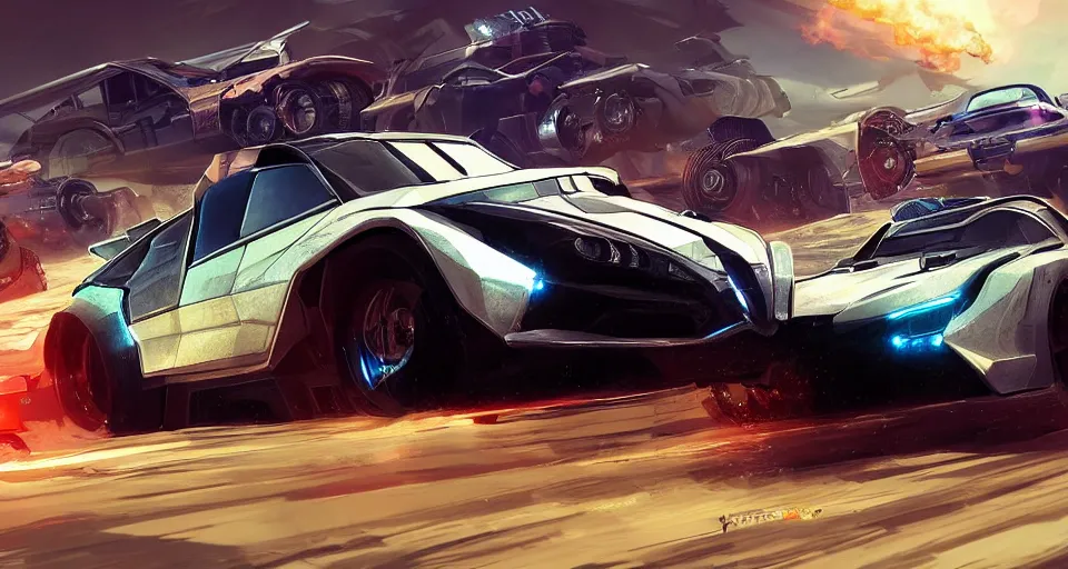 Prompt: front camera, cybersteam rollcage racer vehicule tank concept design mad max cars super rocket league global illumination ray tracing hdr chromed reflexion, gta 5 comics official fanart artstation by feng zhu