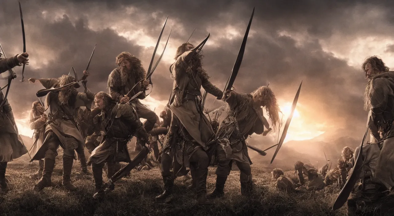 Prompt: the fellowship of the ring fighting with guns and rifles, lord of the rings aesthetic, in style of alan lee, cinematic, cinematic lighting, octane render, highly detailed