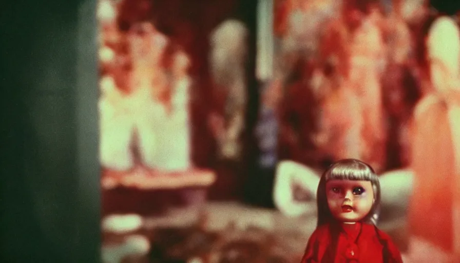 Image similar to 7 0 s film still from a horror movie about midcentury old dolls, kodachrome, cinecolor, cinestill, film grain, film texture, retro, cinematic, high resolution, photorealism,