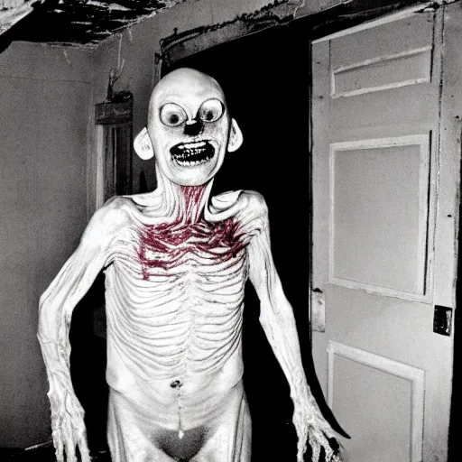 Image similar to 1 9 8 3, found footage, old abandoned house, creepy mutant flesh creature, flesh blob, smiling