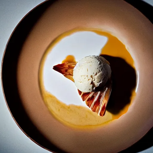 Prompt: high resolution photo of fish with ice cream, michelin star, very tasty, food photography, instagram, trending