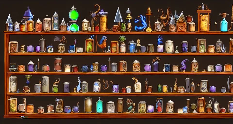 Prompt: a bookshelf of wonderful magical creatures, located in a wizard's shop, full of trinkets and magical potions flasks vials, bubbling liquids, smoking vessels, detailed, 4 k