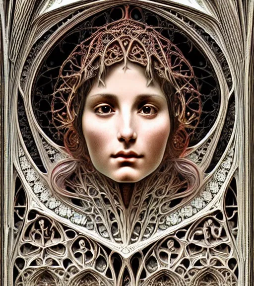 Image similar to hyperrealistic detailed face portrait of a beautiful young goddess morphing into a gothic cathedral, authentic ornamental architecture, intricate and highly detailed, awe inspiring art by ernst haeckel, h. r. giger, alphonso mucha, android jones, james jean, gothic, neo - gothic, heavily ornamental, nice deep colours,