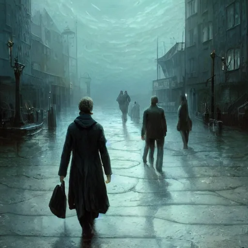 Prompt: shadow over innsmouth, people walking out of water, painted by seb mckinnon, high detail, dramatic light, digital art, painted by greg rutkowski, promotional movie posterart, trending on artstation