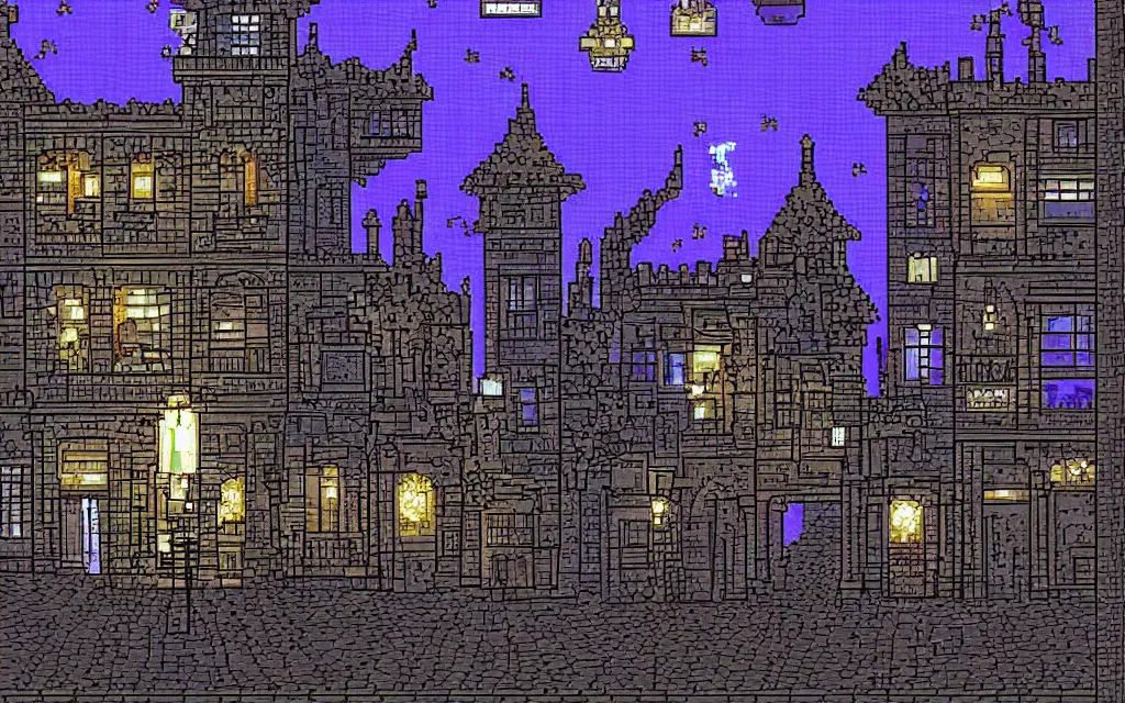 Prompt: Sideview of an 18th gothic street at night. Pixel art, high fantasy.