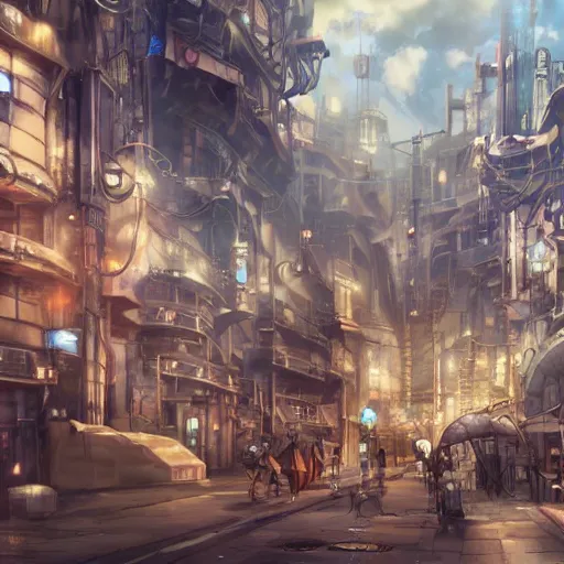 Image similar to screenshot from an anime, hd, artstation, sci-fi, anime in a steampunk city