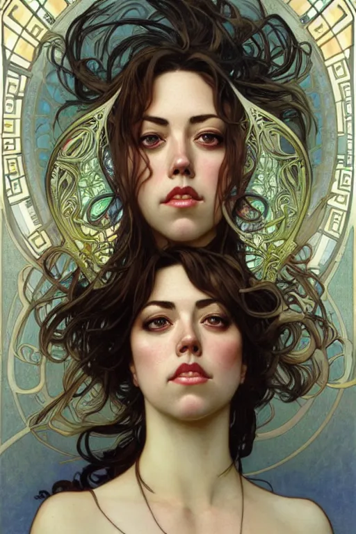 Prompt: realistic detailed full portrait of Aubrey Plaza by Alphonse Mucha, Ayami Kojima, Amano, Charlie Bowater, Karol Bak, Greg Hildebrandt, Jean Delville, and Mark Brooks