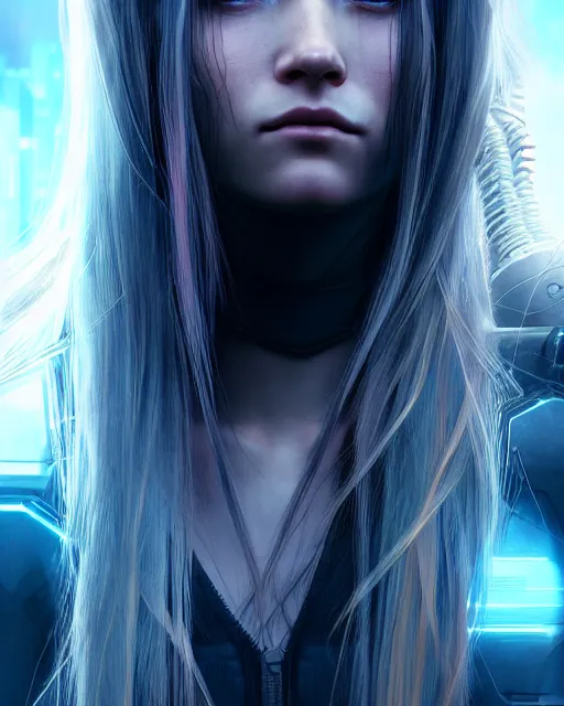 Image similar to a portrait of a beautiful 28th century super cool post-human female very young with long hair, barely human and largely biomechanical cyberpunk, hyper-realistic, very detailed unreal engine, by Artgerm, WLOP and Ross Thran, dramatic cinematic lighting rendered by octane, 8k, detailed, trending on artstation, deviantart google images, pinterest