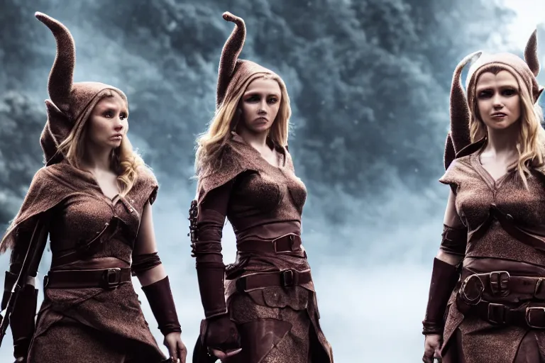 Image similar to a cinematic photograph of three female elf warriors, 8 k, ultra realistic, dramatic lighting, real faces, mist