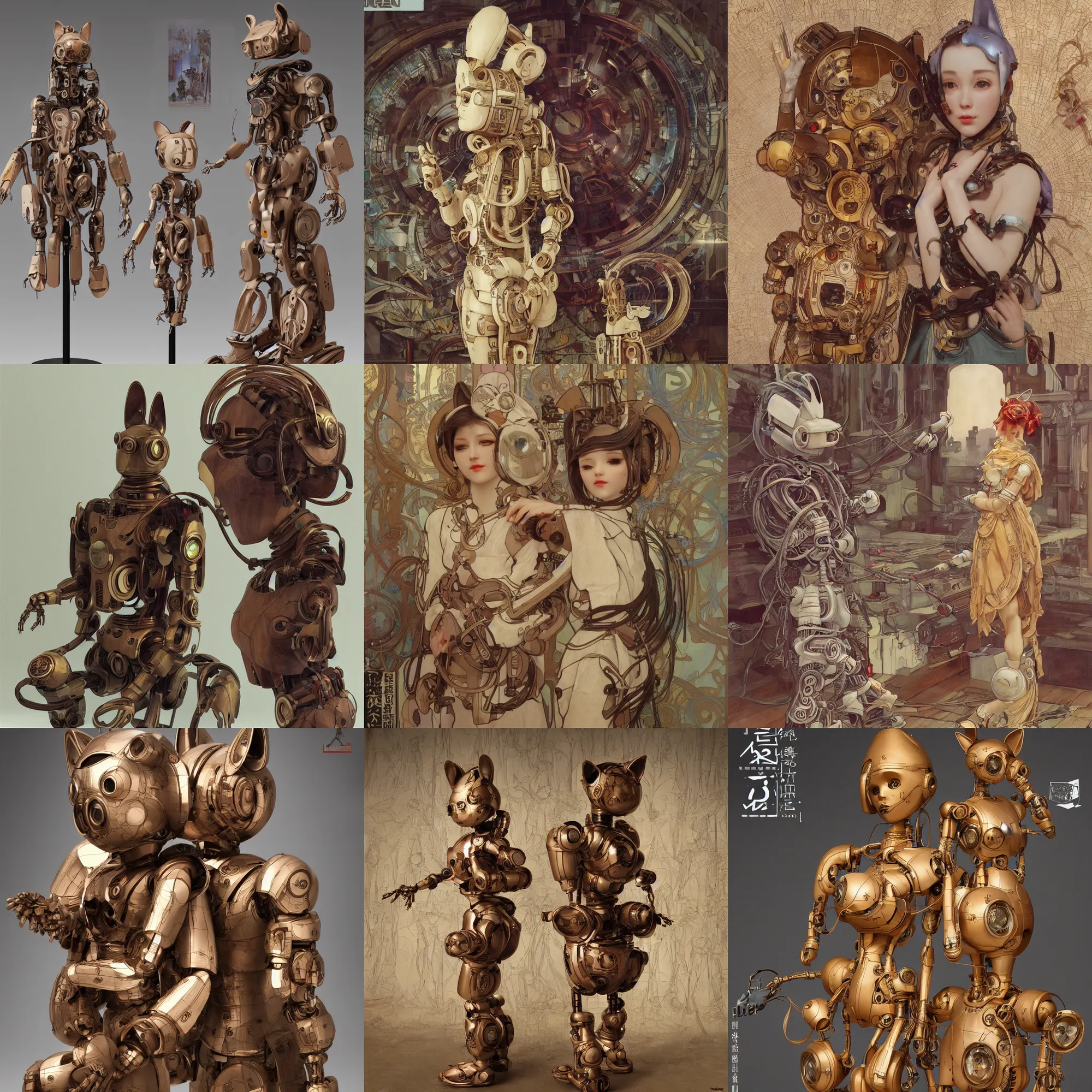 Prompt: 3D 8k octan render photorealistic detailed unreal engine a wooden sculpture art toys wooden on feet very cute robot with cat ears zen méditation cyberpunk concept art ,a contemporary art gallery art by Alphonse Mucha