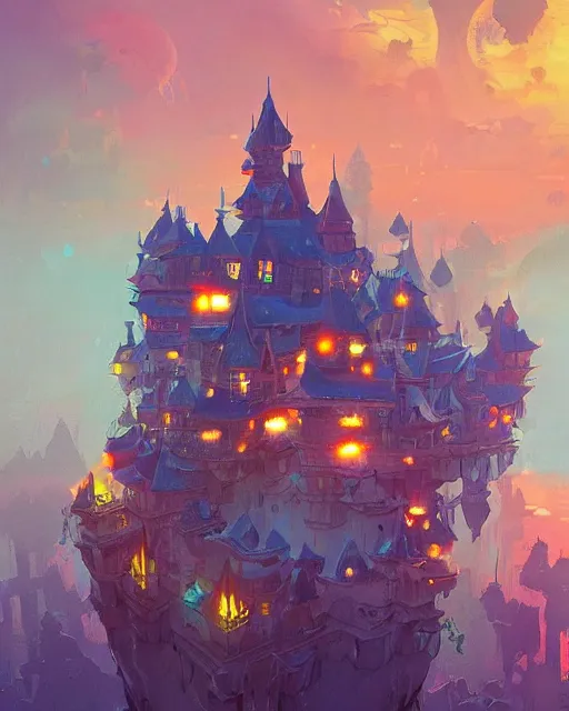 Prompt: a castle overlooking the water below during a floating lantern festival | floating lanterns | bokeh | ships and boats | highly detailed | very intricate | serene romantic fantasy whimsical magical | professional cinematic lighting | pixar | anime | award - winning | matte painting by anton fadeev and paul lehr and rhads and alena aenami | pastel color palette | featured on artstation