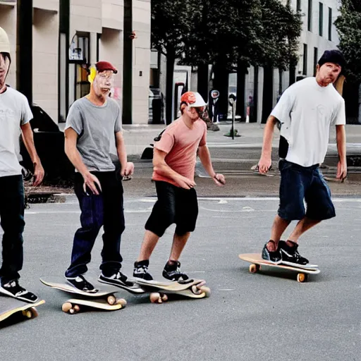 Prompt: four men skateboarding