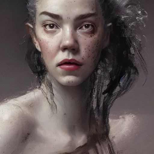 Image similar to expressive oil painting, alien gray - skinned woman based on jennifer connelly mixed with anya taylor - joy, rage, bumpy mottled skin, big black feathered wings instead of arms, body horror, by yoshitaka amano, by greg rutkowski, by jeremy lipkinng, by artgerm, digital art, octane render