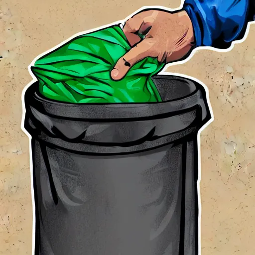 Prompt: throw garbage bag into container, guide, how-to, realistic, digital illustration