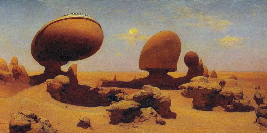 Image similar to desert landscape, a huge space ship is hovering in the sky, painting in style of Ilya Repin,